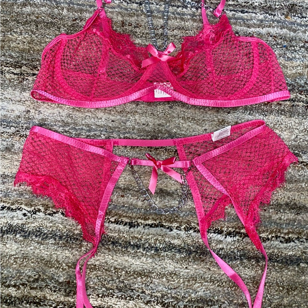 Fuchsia Sheer Lace Bra and Garter Set (10)